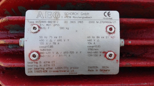 มอเตอร์ไฟฟ้ากำลังยุโรปเยอรมัน AEG Germany ขนาด 100 HP 4 POLE 1480 RPM 380V มอเตอร์ไฟฟ้ากำลังยุโรปเยอรมัน AEG Germany ขนาด 100 HP 4 POLE 1480 RPM 380V