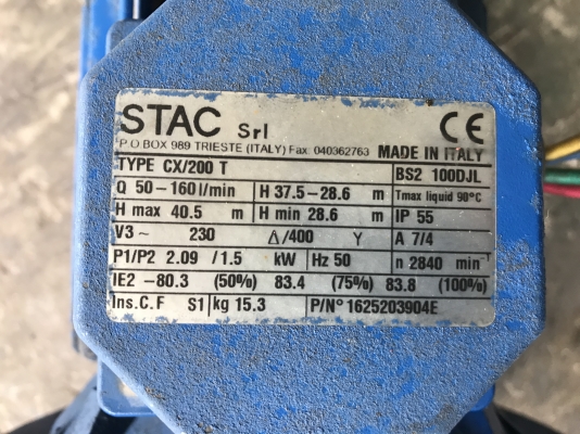 ขายปั๊มน้ำหอยโข่งหัวปั๊มสแตนเลส Stac 2HP. 380V made in Italy สภาพสวยเดิมๆ หมุนนิ่ม พร้อมใช้งาน ขายปั๊มน้ำหอยโข่งหัวปั๊มสแตนเลส Stac 2HP. 380V made in Italy สภาพสวยเดิมๆ หมุนนิ่ม พร้อมใช้งาน