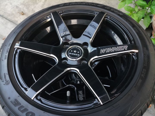 ล้อ winner 15x7 ET30 ยาง deestone 195 50 15 ปี18 ลงพื้นนิดเดียว jazz city vios yaris swif ciaz mazda2 march almera ใส่ได้