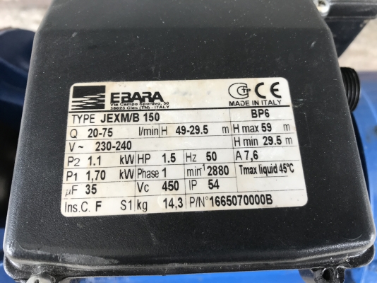 ขายปั๊มน้ำหัวปั๊มสแตนเลสแรงดันสูง Ebara 1.5HP. 220V ไฟบ้าน made in Italy มีระบบล่อน้ำในตัว สภาพสวย วิ่งนิ่มเดิมๆ พร้อมใช้งาน