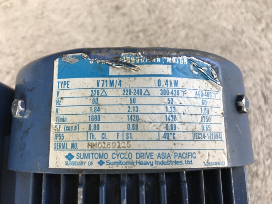 ขายมอเตอร์เกียร์ Cycrodrive Sumitomo 0.5HP. 380V อัตราทด 1:29 made in Japan เพลาออกประมาณ 50 รอบต่อนาที สภาพสวยเดิมๆ หมุนนิ่ม พร้อมใช้งาน
