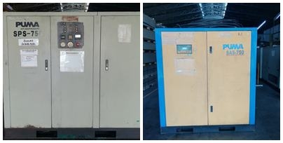 ขายปั๊มลมมือสองแบบสกรู  ยี่ห้อ Puma ขนาด 75 Hp  สภาพพร้อมใช้งาน