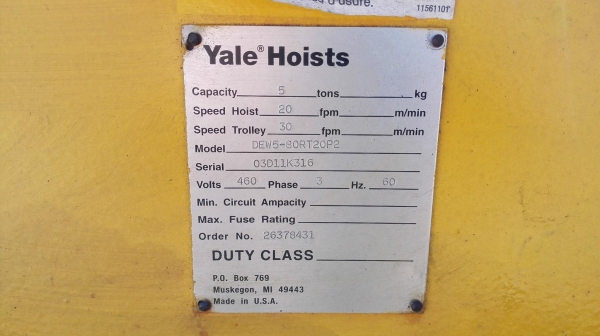 รอกสลิงไฟฟ้า YALE HOIST USA ขนาด 5000 kg วิ่ง 4 ทิศทาง ตัวสลิงและตู้คอนโทรลเป็นสเตนเลส