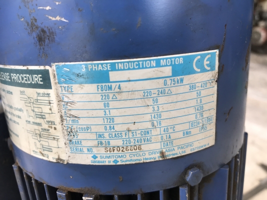 ขายมอเตอร์เกียร์ Cycro drive Sumitomo 1HP. 380V made in Japan อัตราทด 1:21 มีระบบเบรคในตัว เพลาออกประมาณ 69รอบต่อนาที สภาพสวยเดิมๆ หมุนนิ่ม พร้อมใช้งาน