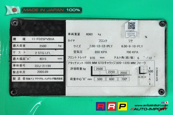 ขายรถโฟล์คลิฟท์มือสอง SUMITOMO รุ่น FD25PVIIHA-D2J-21199 นำเข้าจากประเทศญี่ปุ่น 100\% ไม่เคยใช้งานในไทย