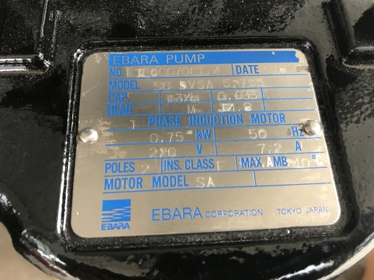ขายไดโว่ Ebara 1HP. 220V ไฟบ้าน รุ่นมีลูกลอยตัดการทำงานในตัว made in Japan สภาพสวยมาก ขนาดท่อ 2นิ้ว หมุนนิ่ม พร้อมใช้งาน มี 2ตัวครับ