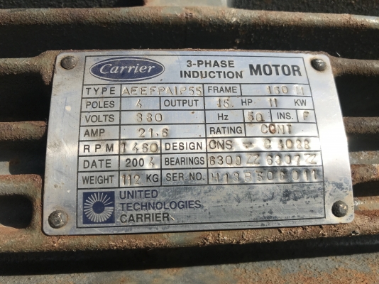ขายมอเตอร์ไฟฟ้า Carrier 15HP. 380V 1450rpm. สภาพสวยเดิมๆ หมุนนิ่ม พร้อมใช้งาน มี 2ตัวครับ ราคาตัวละ 7,800 บาท