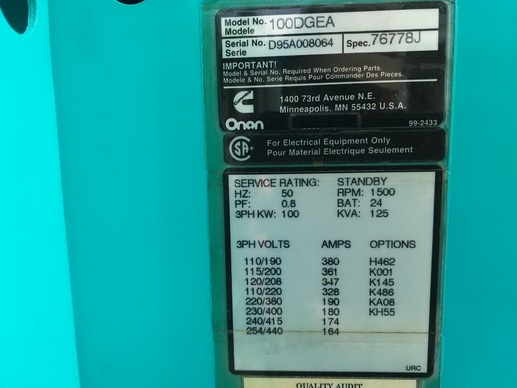 ขายเครื่องปั่นไฟ Cummin 125 KVA  380/220 Vac