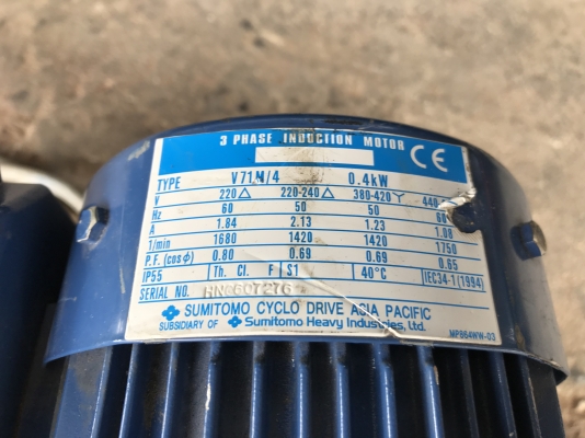 ขายมอเตอร์เกียร์ Cycrodrive Sumitomo 0.5HP. 380V อัตราทด 1:29 made in Japan เพลาออกประมาณ 50 รอบต่อนาที สภาพสวยเดิมๆ หมุนนิ่ม พร้อมใช้งาน