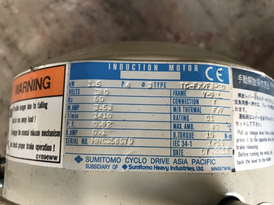 ( เหลือ 1ตัวครับ )ขายมอเตอร์เกียร์ Hyponic drive Sumitomo 2HP. 380V อัตราทด 1:5 มีระบบเบรคในตัว เพลาออกประมาณ 280รอบต่อนาที สภาพสวยใหม่มาก พร้อมใช้งาน มี 5ตัวครับ ราคาตัวละ 6,500 บาท