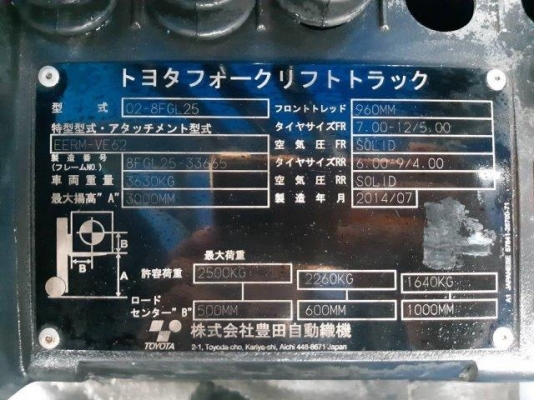 TOYOTA รุ่น02-8FGL25 ขนาด 2.5ตัน เครื่องยนต์เบนซิน