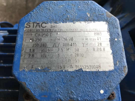 ขายปั๊มน้ำหอยโข่งหัวสแตนเลส Stac 2.5HP. 380V made in Italy สภาพสวย หมุนนิ่ม พร้อมใช้งาน มี 2ตัวครับ ขายปั๊มน้ำหอยโข่งหัวสแตนเลส Stac 2.5HP. 380V made in Italy สภาพสวย หมุนนิ่ม พร้อมใช้งาน มี 2ตัวครับ