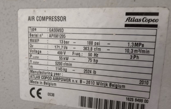 Atlas copco ga55vsd inverter 2010 581205 รุ่นประหยัดพลังงาน สวยพร้อมใช้ Atlas copco ga55vsd inverter 2010 581205 รุ่นประหยัดพลังงาน สวยพร้อมใช้