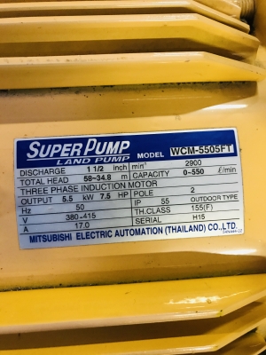 ปั๊มน้ำหอยโข่ง หน้าแปลน   ขนาดมอเตอร์  7.5 HP กำลังไฟ 380 V ขนาดท่อ  2 x 1.1/2"  สภาพใหม่