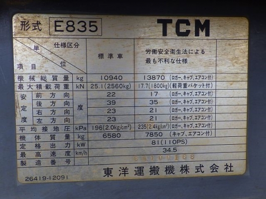 ขายรถตัก ยี่ห้อ TCM รุ่น E835