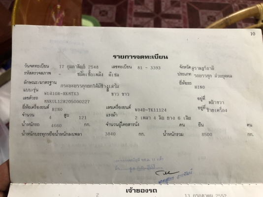 ..คัสซีพร้อมเล่มทะเบียน HINO(ดูโท่) ปี48 ..คัสซีพร้อมเล่มทะเบียน HINO(ดูโท่) ปี48