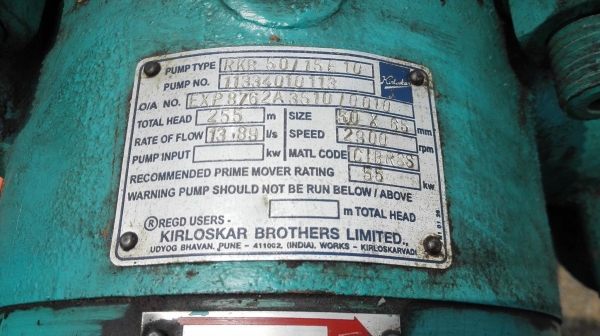 หัวปั้มน้ำแรงดันสูงมัลติสเตส 10 ใบพัดของใหม่ KIRLOSKAR Multi-Stage Pump ท่อ 2.5&rdquo;- 2&rdquo; แบบ 10 ใบพัด H : 255 m / Flow : 13.89 l/s