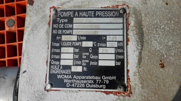 ปั้มฉีดน้ำแรงดันเก่าญี่ปุ่น WOMA GERMANY Press Max 250 bar / Q 215 L/Min ใช้กับมอเตอร์ 100-125 HP สดนอกตัดตู้จากญี่ปุ่น เข้ามา 2 ตัว สภาพสวยพร้อมใช้