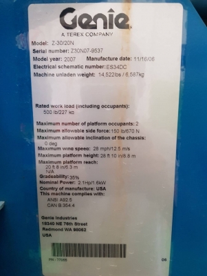 ขายรถกระเช้า9เมตร GENIE Z-30/20N ปี2007 ยางดี แบตเตอรี่ดี ระบบสมบูรณ์ 092-929-9942 ธีรเทพ