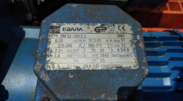 ปั้มน้ำหอยโข่งหัวสเตนเลส EBARA ITALY ขนาด 3 HP 380V ท่อ 2&rdquo;-1&rdquo; Hmax : 35.5 m / Q : 6-20 m3/h