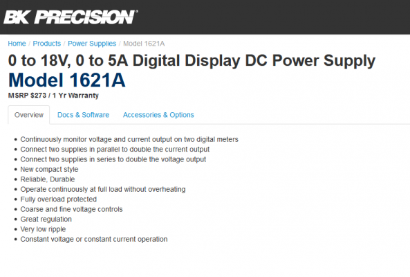 BK Precision 1621A Digital Display DC Power Supply, 18V/5A, 230VAC Line Input BK Precision 1621A Digital Display DC Power Supply, 18V/5A, 230VAC Line Input