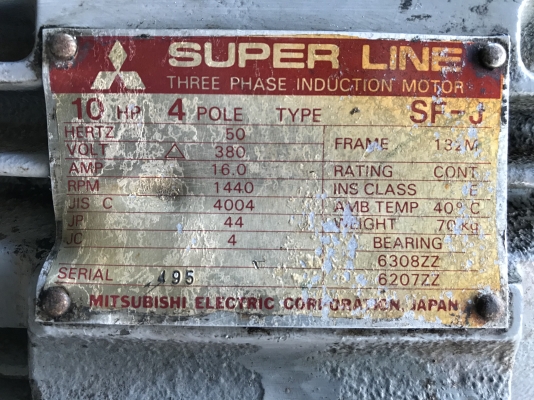 ขายมอเตอร์ไฟฟ้า Mitsubishi 10HP. 380V 1450rpm. สภาพสวยเดิมๆ หมุนนิ่ม พร้อมใช้งาน มี 2ตัวครับ ราคาตัวละ 5,800 บาท