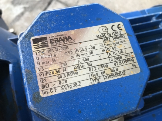 ขายปั๊มน้ำหอยโข่งหัวปั๊มสแตนเลส Ebara 5.5HP. 380V 50x32/200 made in Italy ขนาดเข้า 2นิ้ว ออก 1.2นิ้ว แรงดันสูง สภาพสวยเดิมๆ หมุนนิ่ม พร้อมใช้งาน