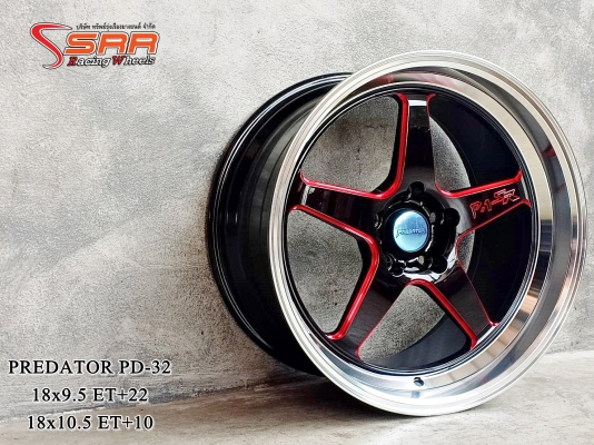 PREDATOR PD-32 ขอบ18 หน้า9.5 หลัง10.5 5x114.3 สีดำกลึงก้านแดง