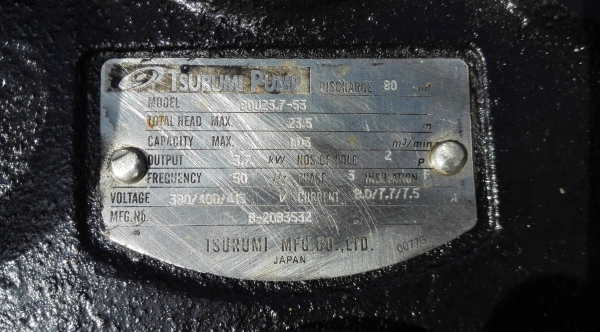 ปั้มจุ่มแช่ไดโว่ญี่ปุ่น TSURUMI PUMP JAPAN ขนาด 5 HP ท่อ 2.5” 380V รอบจัด H : 23.5 m / Q : 1.03 m3/min สภาพสวยวิ่งนิ่มพร้อมใช้ ปั้มจุ่มแช่ไดโว่ญี่ปุ่น TSURUMI PUMP JAPAN ขนาด 5 HP ท่อ 2.5” 380V รอบจัด H : 23.5 m / Q : 1.03 m3/min สภาพสวยวิ่งนิ่มพร้อมใช้