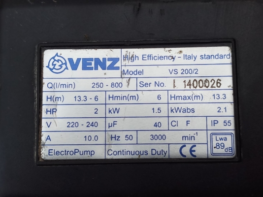 ปั๊มน้ำ ยี่ห้อ VENZ รุ่น VS-200/2 ขนาดมอเตอร์ 2 Hp ใช้ไฟ 220V ขนาดท่อน้ำเข้าออก 2 นิ้ว สภาพเดิมๆ ใช้งานได้ดีปกติ ราคา 4,000 บาทรวมส่งค่ะ