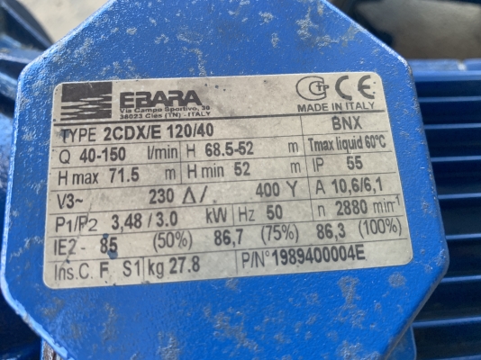 ( เหลือ 1ตัวครับ )ขายปั๊มน้ำหอยโข่งหัวสแตนเลสใบพัด 2ชั้น Ebara 4HP. 380V made in Italy รุ่นแรงดันสูง หายาก สภาพสวยเดิมๆ หมุนนิ่ม พร้อมใช้งาน มี 2ตัวครับ ราคาตัวละ 11,500 บาท