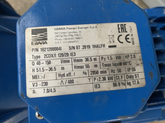 ขายปั๊มน้ำหอยโข่งหัวสแตนเลสใบพัด 2ชั้น Ebara 2HP. 380V made in Italy รุ่นแรงดันสูง สภาพสวยเดิมๆ หมุนนิ่ม พร้อมใช้งาน