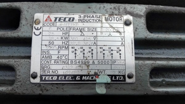 มอเตอร์ไฟฟ้ากำลังรอบช้ามีเบรค TECO ขนาด 25 HP 6 P 970 RPM 380V มีเบรคในตัว
