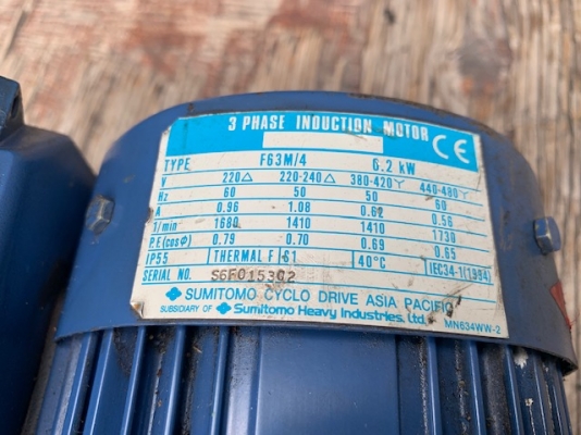 ขายมอเตอร์เกียร์แบบหน้าแปลน Cycro drive Sumitomo 0.2Kw. 380V อัตราทด 1:195 เพลาออก ฝประมาณ 7.5รอบต่อนาที made in Japan รอบช้าแรงบิดเยอะ สภาพสวยใหม่มาก หมุนนิ่ม พร้อมใช้งาน