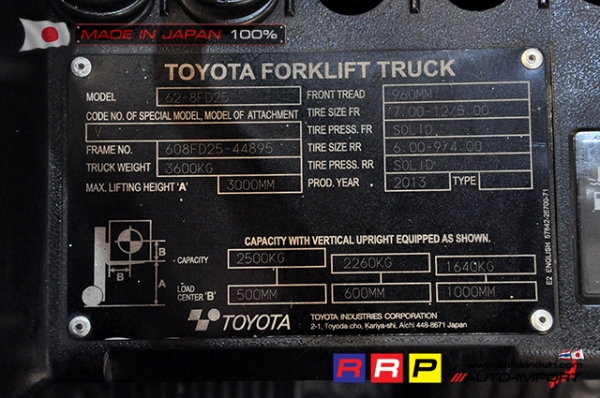 ขายรถโฟล์คลิฟท์มือสอง TOYOTA รุ่น 8FD25-44895 นำเข้าจากประเทศญี่ปุ่น 100\% ไม่เคยใช้งานในไทย