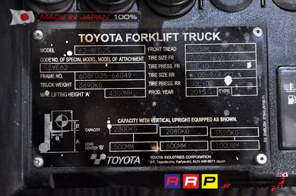 ขายรถโฟล์คลิฟท์มือสอง TOYOTA รุ่น 8FD25-64049 นำเข้าจากประเทศญี่ปุ่น 100\% ไม่เคยใช้งานในไทย