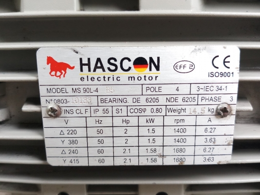 มอเตอร์ ยี่ห้อ HASCON ขนาด 2 แรง สามเฟส 380v ความเร็วรอบ 1400 rpm สภาพสวย ใช้งานได้ปกติ