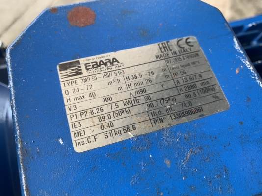 ขายปั๊มน้ำหอยโข่งหัวปั๊มสแตนเลส Ebara 10HP. 380V made in Italy ขนาดเข้า 2.5นิ้ว ออก 2นิ้ว ส่งไกล ได้น้ำเยอะ สภาพสวยใหม่มาก หมุนนิ่ม พร้อมใช้งาน