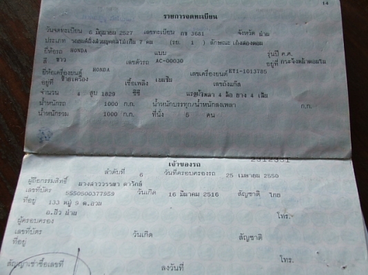 ขายเล่มทะเบียนรถHONDA เก๋ง ปรับราคาแล้วจาก8300 เหลือ6500