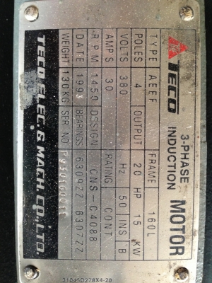ขายมอเตอร์ Teco 20 HP. 1400 rpm. 380 V สภาพสวย พร้อมใช้งาน