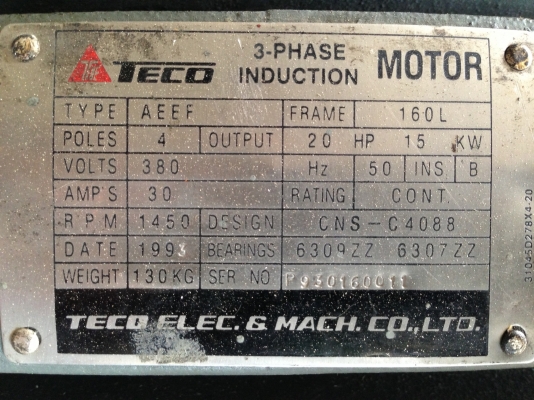 ขายมอเตอร์ Teco 20 HP. 1400 rpm. 380 V สภาพสวย พร้อมใช้งาน ขายมอเตอร์ Teco 20 HP. 1400 rpm. 380 V สภาพสวย พร้อมใช้งาน