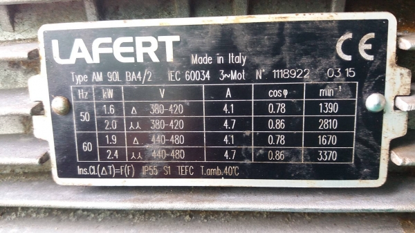 มอเตอร์เกียร์ ยี่ห้อ LAFERT ขนาด 1.6 kW เมื่อต่อแบบรอบช้า และ 2 kW เมื่อต่อแบบรอบเร็ว ใช้ไฟสามเฟส 38