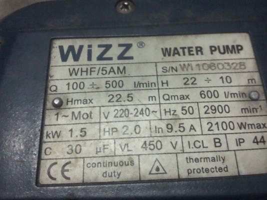 ปั้มน้ำ2นิ้ว WIZZ ใช้ไฟบ้าน220 V. พร้อมใช้ลองแล้วเสียงไม่ดังรอบจัด