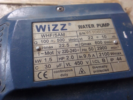ปั้มน้ำ2นิ้ว2 แรงม้า WIZZ ใช้ไฟบ้าน220 V. พร้อมใช้ลองแล้วเสียงไม่ดังรอบจัด สูบน้ำได้500ลิตรต่อนาที