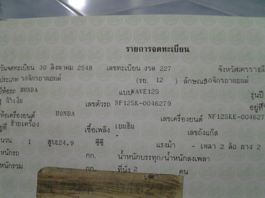 ฮอนด้า wave125 ทะเบียนพร้อมเอกสารโอน ตามสภาพใช้งานดี