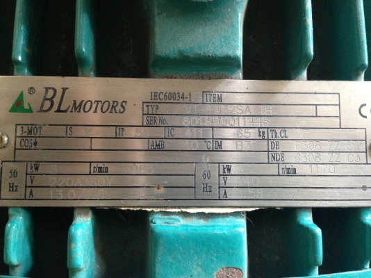ขายมอเตอร์BL 5 HP. 900 RPM. 380 V สภาพใหม่มาก พร้อมใช้งาน