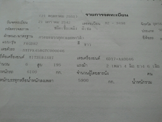 Mitsu Fuso FK458 Uro1 เครื่อง6D17 เบรคทิฟฟี่ เพลาบุ๋ม ดุมใหญ่ แอร์เย็น เล่มทะเบียนปี 42 ยาง900 ใหม่6 เส้น Mitsu Fuso FK458 Uro1 เครื่อง6D17 เบรคทิฟฟี่ เพลาบุ๋ม ดุมใหญ่ แอร์เย็น เล่มทะเบียนปี 42 ยาง900 ใหม่6 เส้น