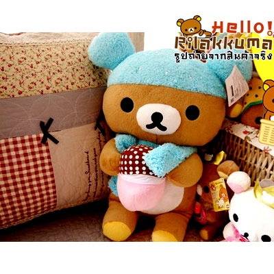 ตุ๊กตาหมีริลัคคุมะใส่หมวกและผ้าพันคอสีฟ้า น่ารัก จากญี่ปุ่น