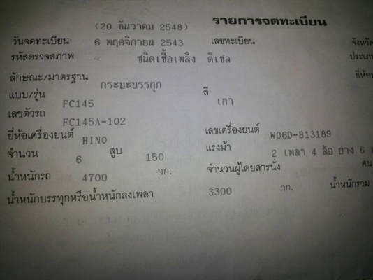 รถฮีโน่ 6 ล้อดั้ม FC145A  150 แรงม้า ปี 43  สนใจติดต่อ 081 - 6079515