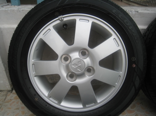 ขายแม็ก Mitsubishi mirage ถอดรถป้ายแดง 14"x4.5" et46 4รู100 +ยางปี0313  ตุ่มและสีหน้ายางมี(081-3747940)